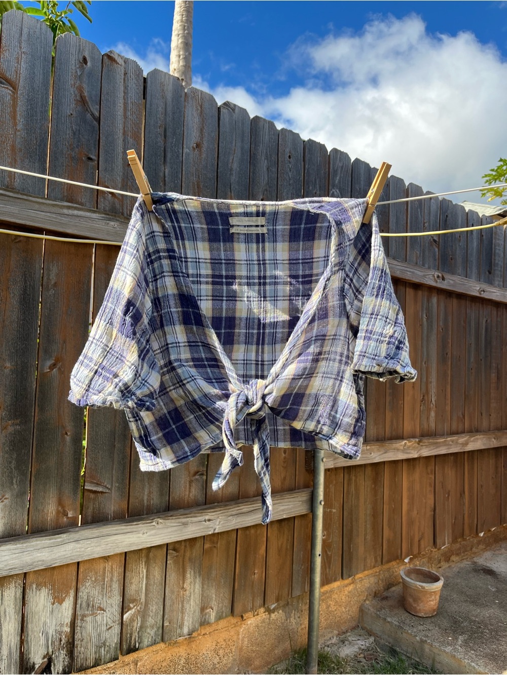 Urban Outfitters Blue and Cream Plaid Tie-Front Crop Top